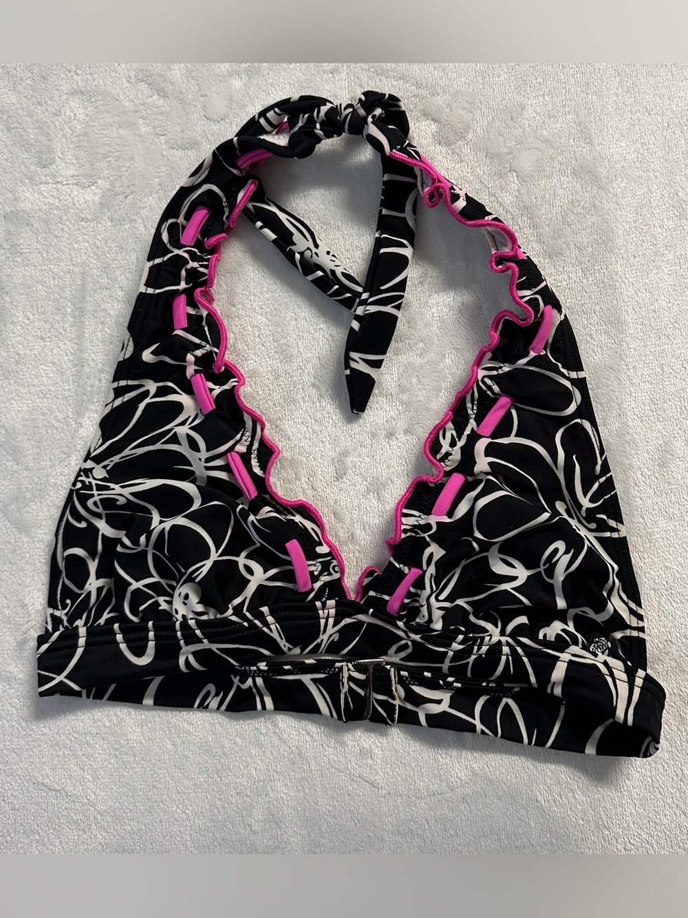 Y2K LA VIE EN ROSE AQUA women's pink b&w frilly floral triangle halter bikini to